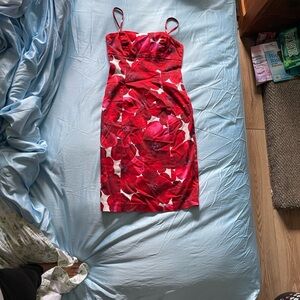 Guess Red Floral Spaghetti-Strap Mini Dress